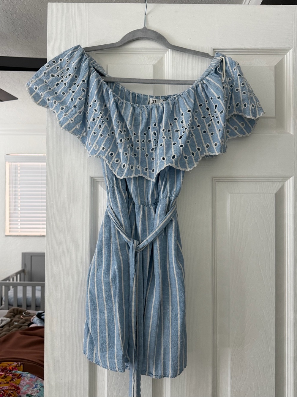 Zara Light Blue & White One-Shoulder Eyelet Ruffle Skort-All
